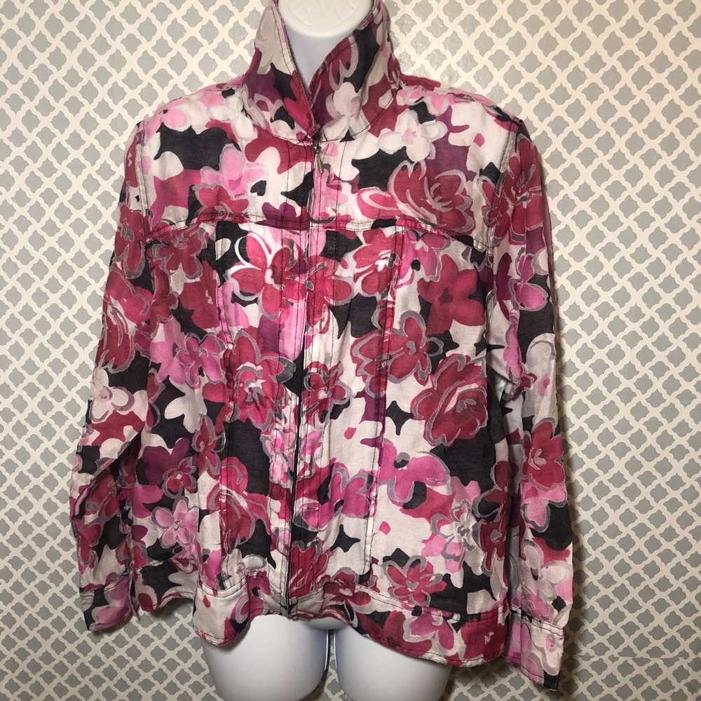 Draper & Damons Sheer Jacket Floral Pink Rayon Linen Blend Size LARGE